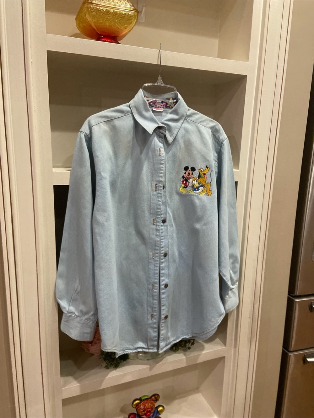 Vintage Disney Joujou Denim Mickey Donald Pluto Long Sleeve Shirt Ladies Small